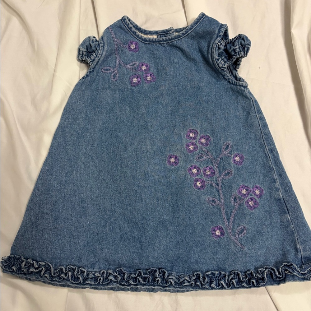 Vintage Girls 18months cotton Denim Floral Embroidered Dress